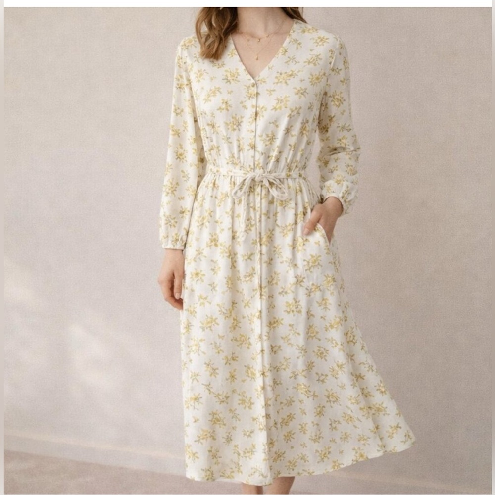 Uniqlo Uniqlo Joy Of Print Cream & Yellow Floral Long Sleeve Midi Dress L